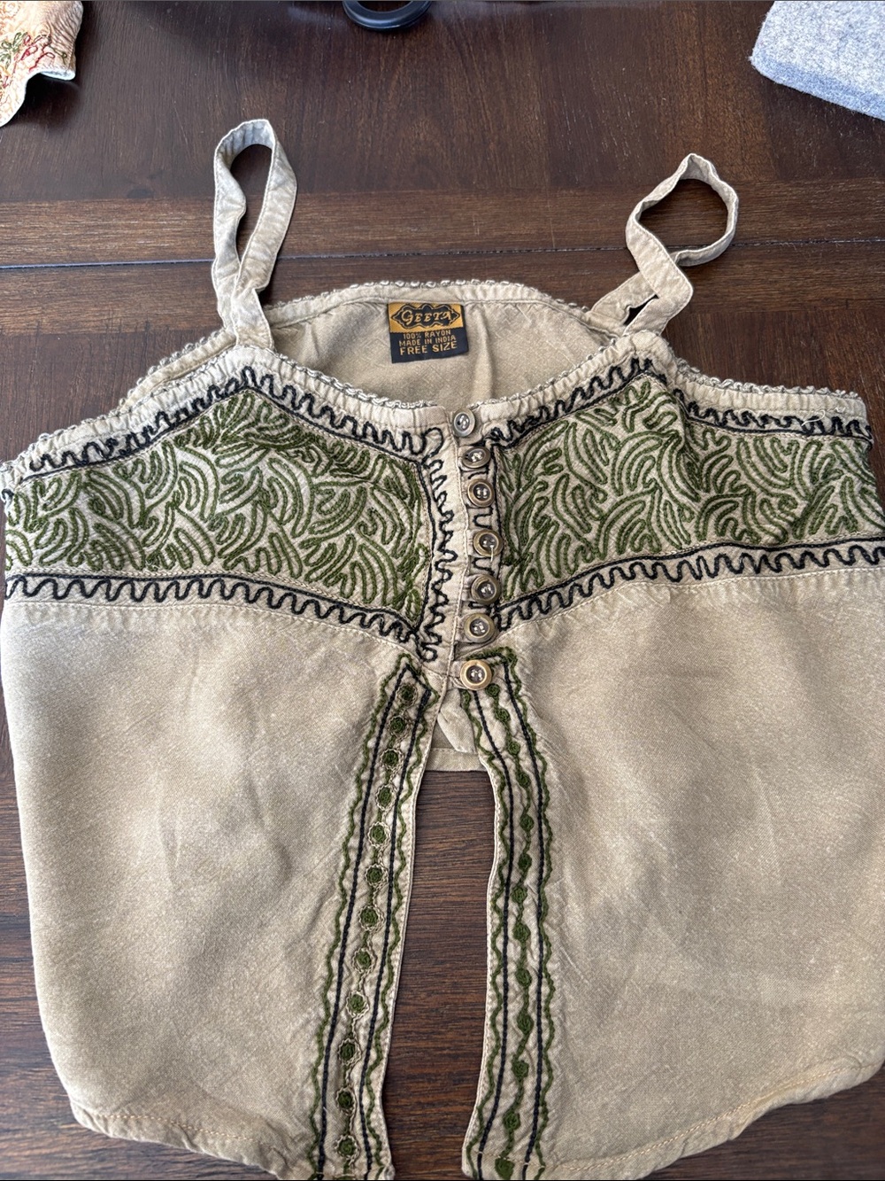 Bohemian Beige Camisole with Olive Embroidery
